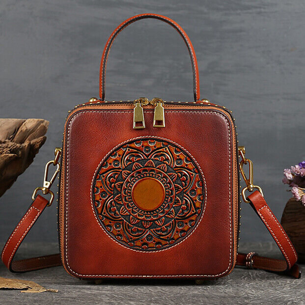 Women's Retro100% Genuine Leather Handbag Embossed Crossbody Shoulder Square Bag