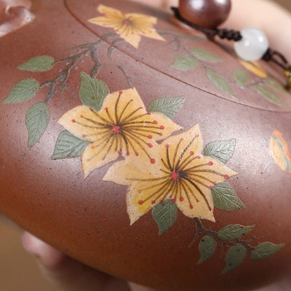 Handpainted Floral Relief Yixing Zisha Tea Pot Ball Shaped Infuser Holes Marked