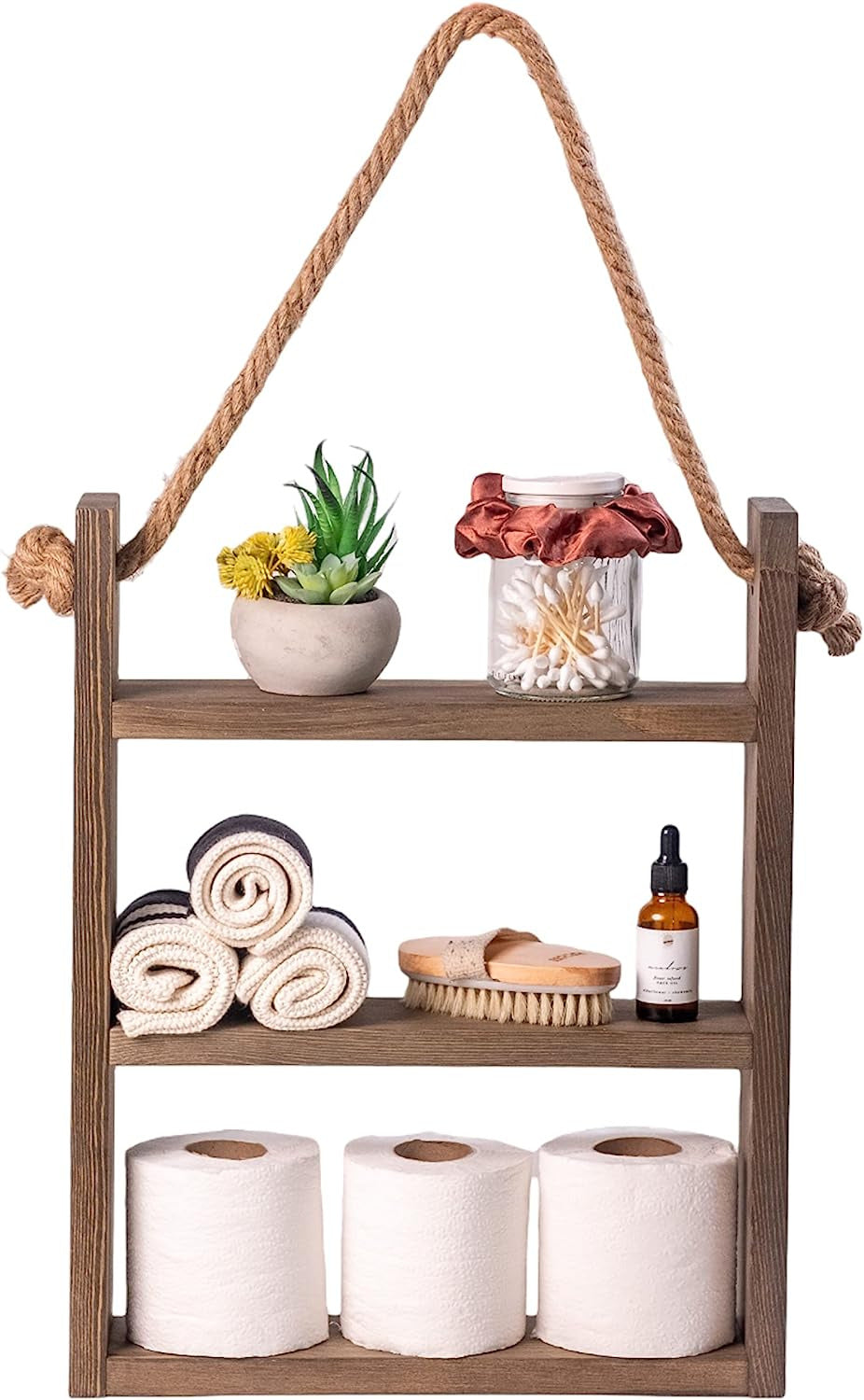 Wooden Rustic Bathroom Floating Rope Shelf Organizer Towel Rack Home Decoration