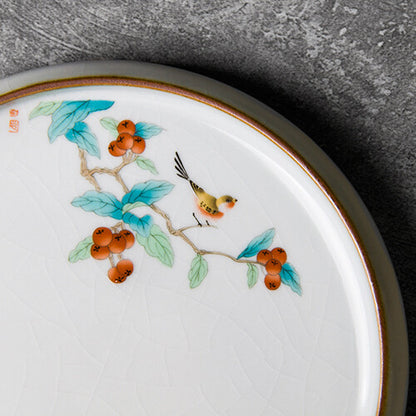 Ceramic Tea Plate For Gaiwan Pot Cup Crackle Glaze Handpainted Tea Tray Round