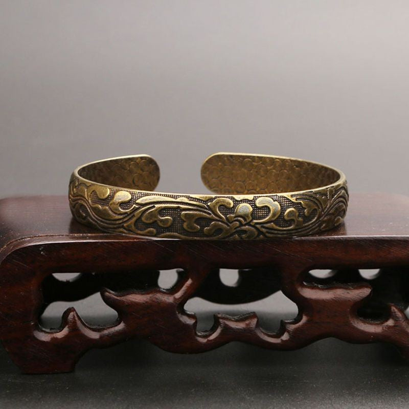 Vintage Brass Floral Engraved Cuff Bracelet Open Bangle