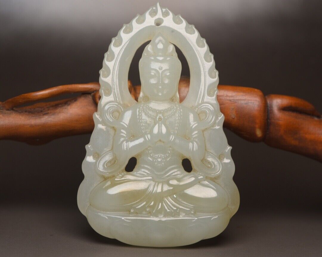 Chinese Top Natural Hetian Jade Carved Kwan Yin Statue Good Luck Pendant Jewelry