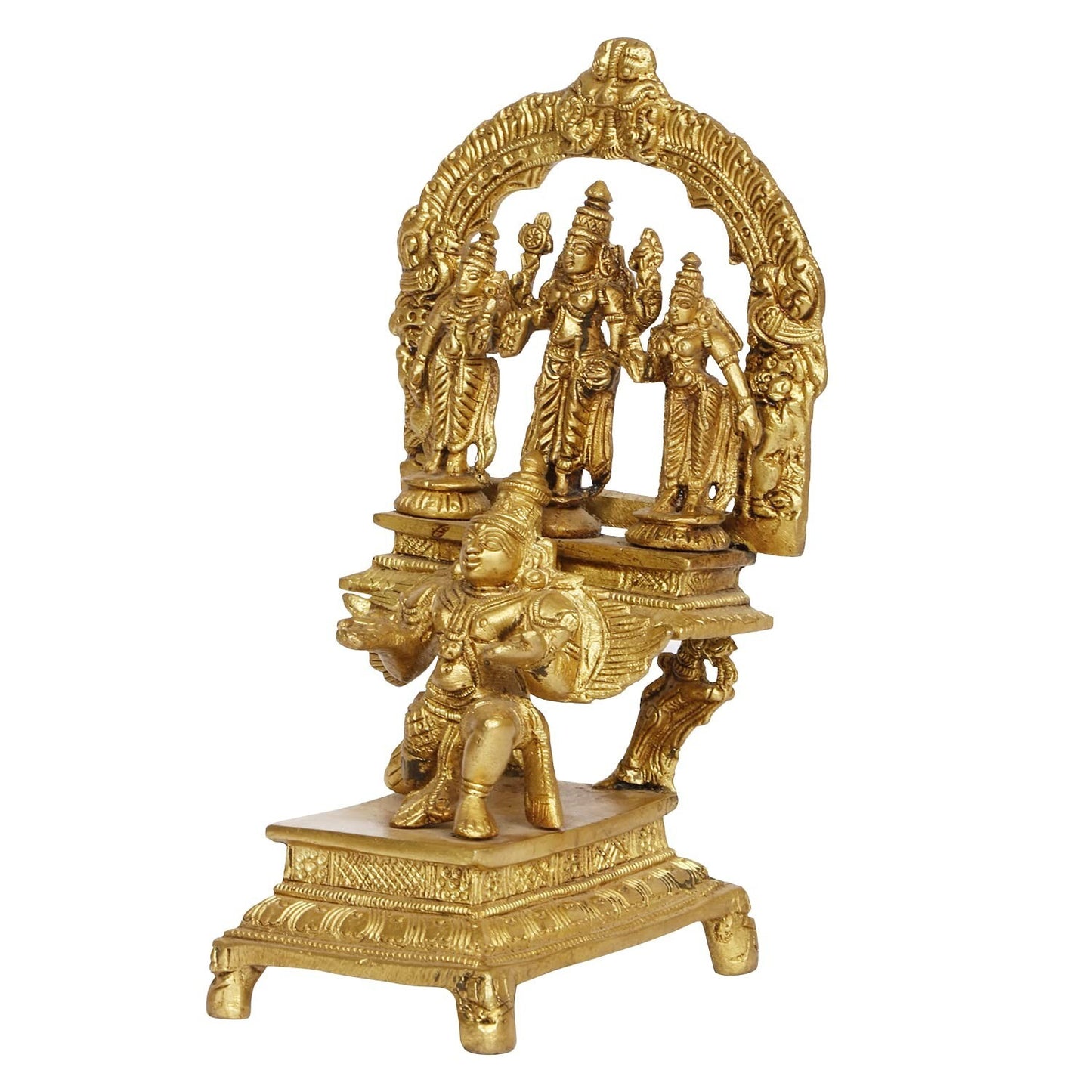 Hindu God Brass Lord Vishnu with Sridevi Bhudevi on Garuda Idol Figurine Statue