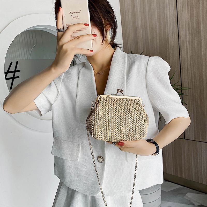 Straw Lock Shell Bag Beach Retro Vintage Chain Shoulder Crossbody Purse Handbags
