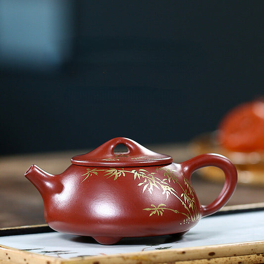 China Yixing Zisha Pottery Clovershrub Clay Handmade 200cc Bamboo Pattern Teapot