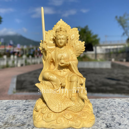 3.9" Chinese Boxwood Handcarved Jiutian Xuannü Goddess Holding Sword Statue