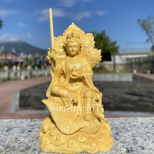 3.9" Chinese Boxwood Handcarved Jiutian Xuannü Goddess Holding Sword Statue