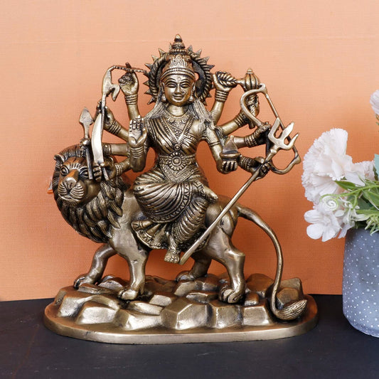 Hindu God Lord Brass Maa Durga Idol Sitting On Lion Idol Statue Figurines