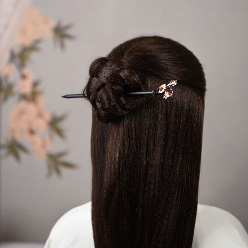 Chinese Ebony Wood Jade Garnet Ginkgo Leaf Hairpin Tibetan Hair Clip