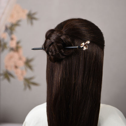 Chinese Ebony Wood Jade Garnet Ginkgo Leaf Hairpin Tibetan Hair Clip