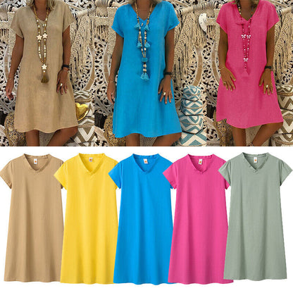 Womens T-Shirt Baggy Plus Size V-neck Ladies Short Sleeve Tops Dress Summer New