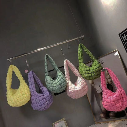 24cm Small Candy Colored Plaid Quilted Down Bag Pink Soft Shoulder Handbag Blue