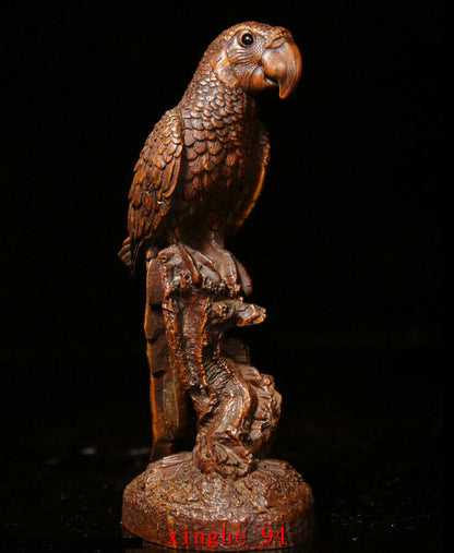 Chinese Folk Boxwood wood Carved FengShui parrot bird auspicious animal Statue