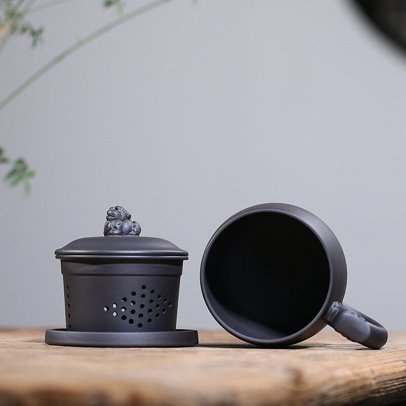 True Yixing Zisha Office Cup Marked Infuser Cup Mat Lid Handmade Tea Cup 430ml