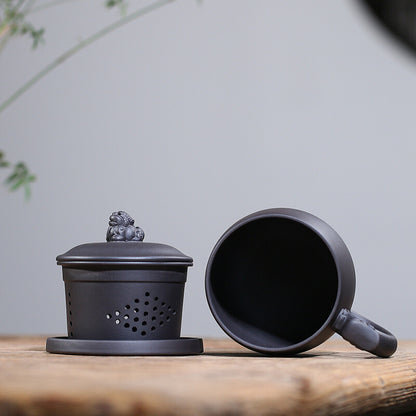 True Yixing Zisha Office Cup Marked Infuser Cup Mat Lid Handmade Tea Cup 430ml