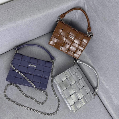 Woven Leather Small Flap Purse Chains Satchel Mini Tote Crossbody Shoulder Bag