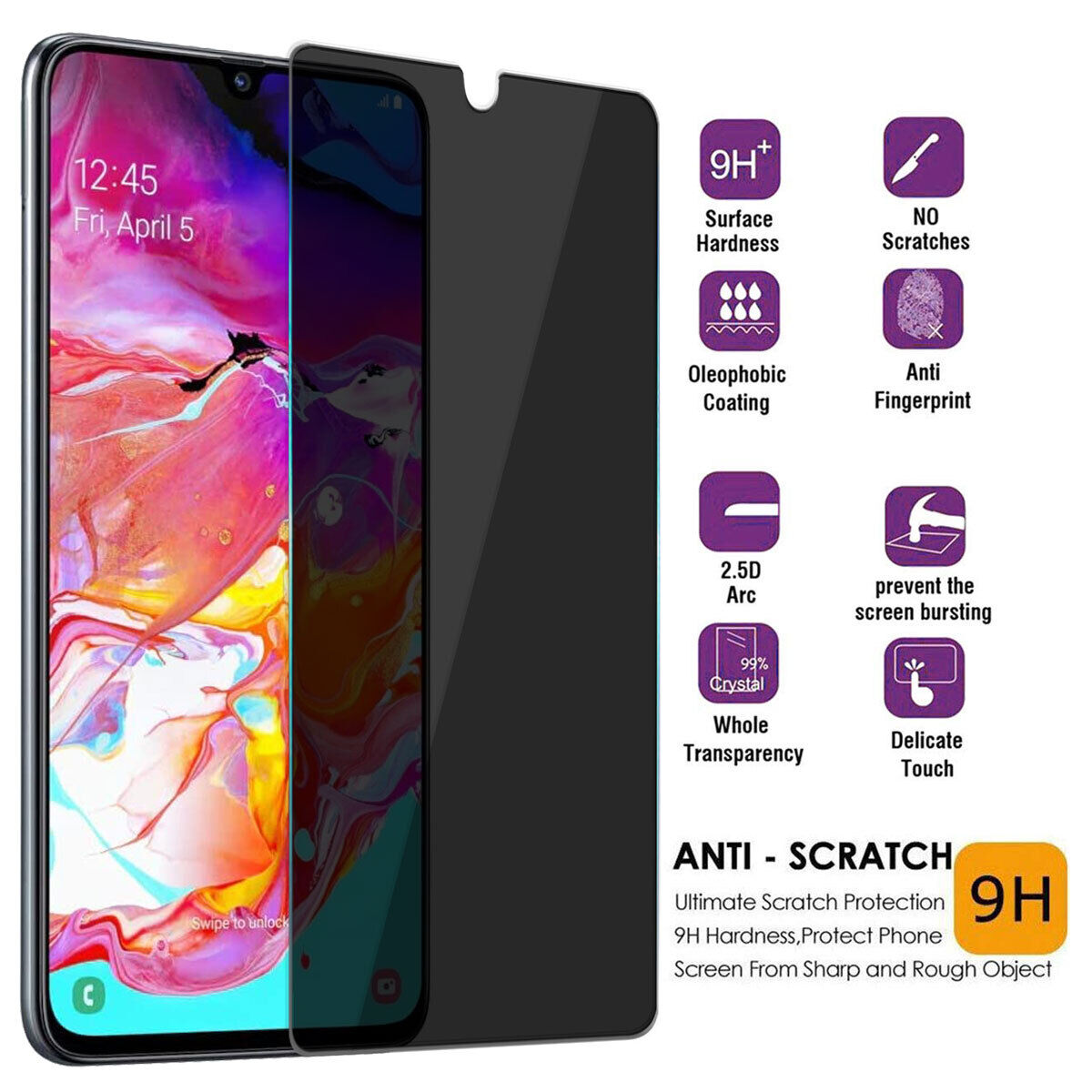 For Samsung Galaxy A70 Privacy Glossy Tempered Glass Anti-Spy Screen Protector