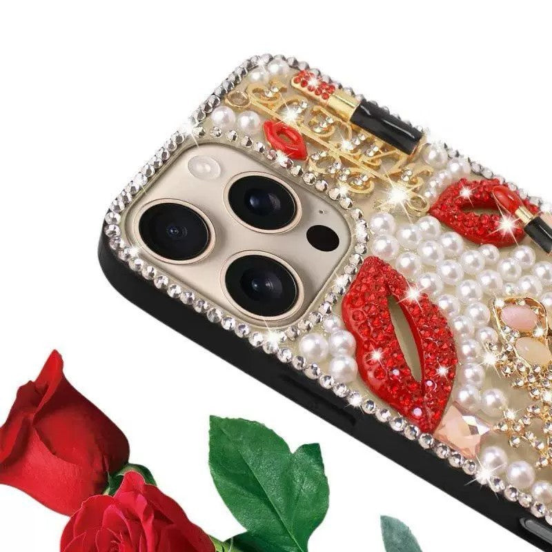 3D Perfume Bottle Red Lip Glitter Diamond Phone Case for iPhone 17 ProMax/16//15