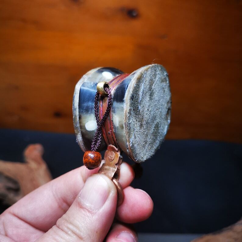 Tibetan Buddhist Yak Bone Carved Damaru Drum Mini Chod Drum