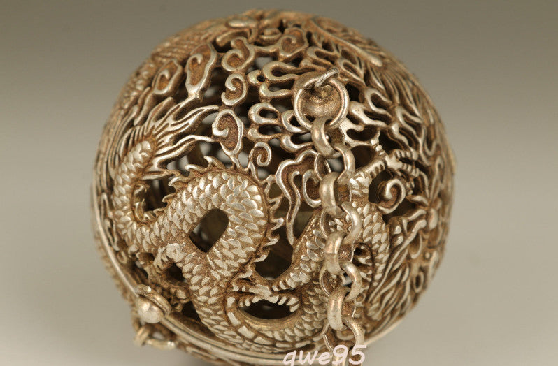 Tibet-Silver Old Copper Hand Carved Dragon Phoenix Statue Incense Burner Buddha