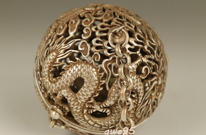 Tibet-Silver Old Copper Hand Carved Dragon Phoenix Statue Incense Burner Buddha