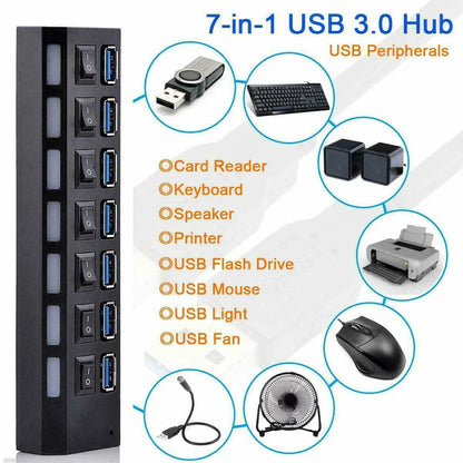 USB Hub 7 Port On/Off Switch High Speed Splitter AC Adapter Cable PC Laptop Lot
