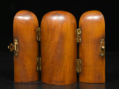 Chinese Boxwood Wood GuanYin Manjushri Samantabhadra 3 goddess buddha statue box