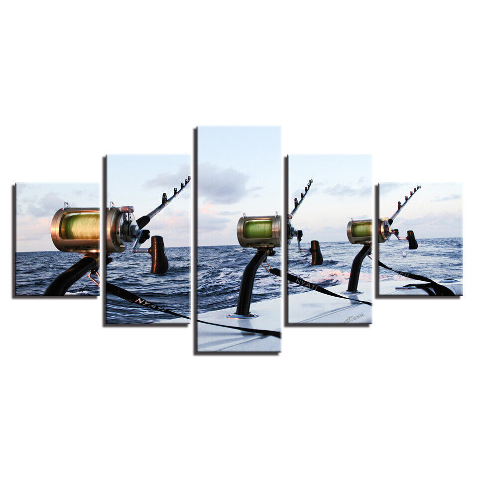 Deep Sea Fishing Rod Blue Ocean Seascape Canvas Print Painting Wall Art Decor 5P