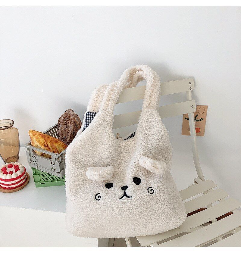Winter Soft Plush Bag Women Cartoon Embroidery Imitation Lamb Hair Shoulder Bag