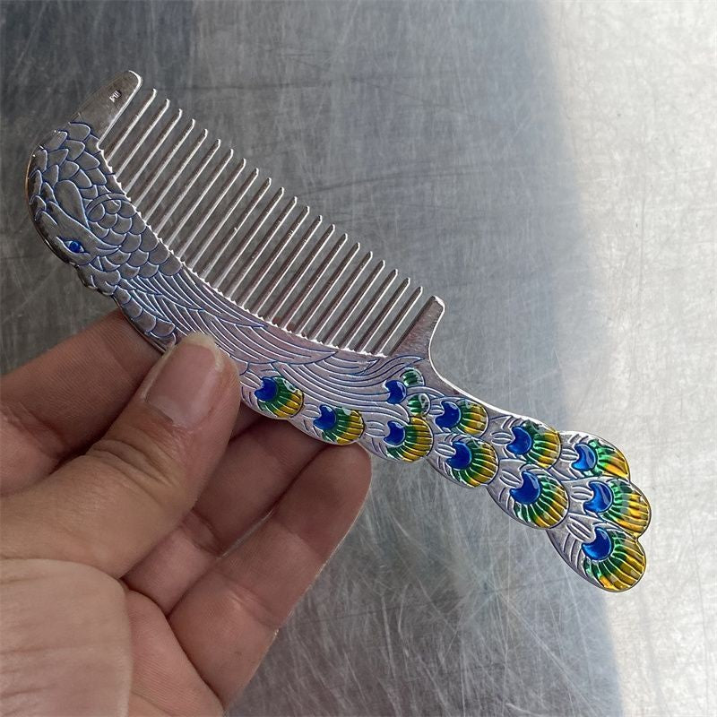 Tibetan Silver Plated Peacock Comb Engraved Handle Vintage Style Ornament