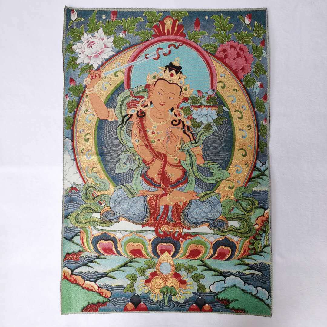 Tibet Buddhism Decor Silk Inwrought wisdom Manjushri Kwan-yin Thangka Mural