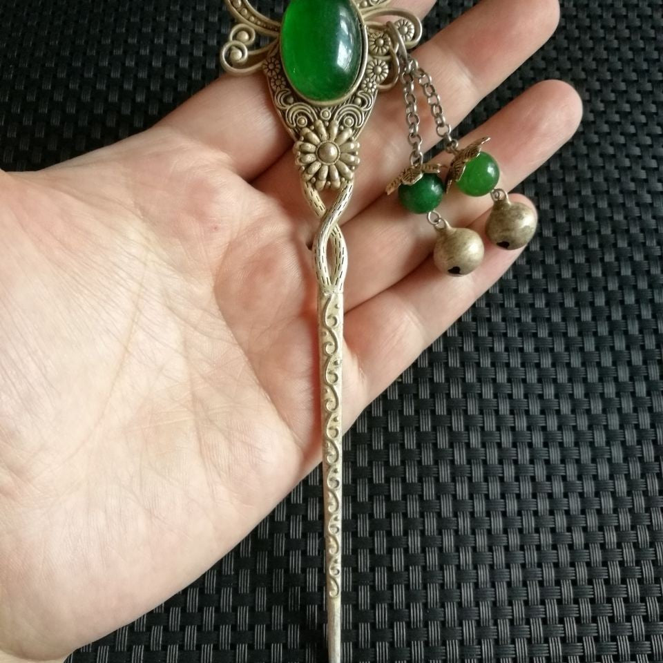 Vintage Silver-Tone Inlaid Green Gem Hairpin Antique Collectible