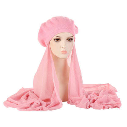Women's Beret Hat Chiffon Scarf Instant Hijab Shawls Wrap Headsacrf Bandana Caps