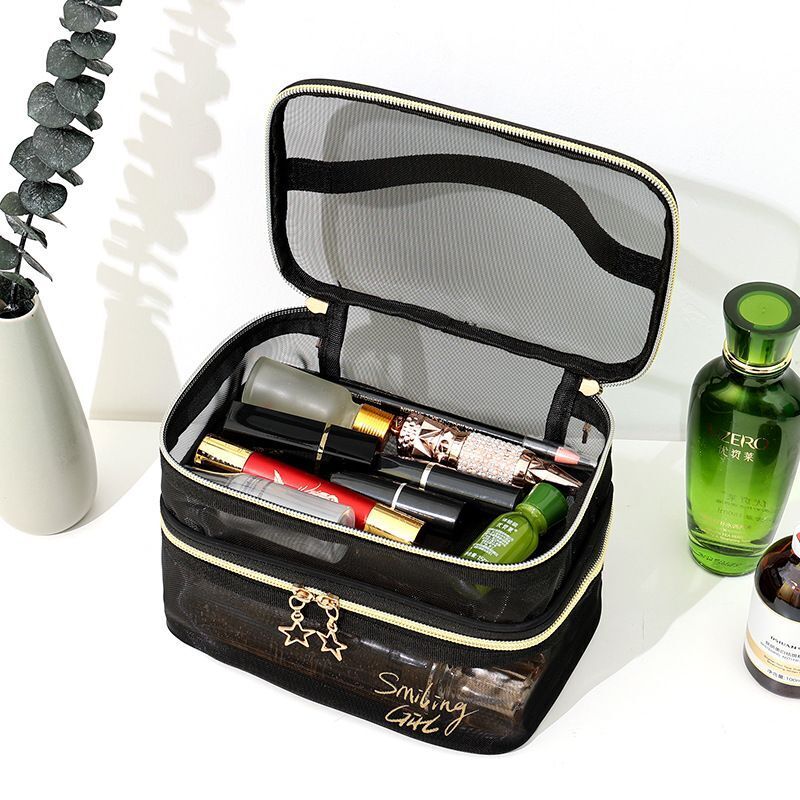 Double Layer Mesh Makeup Bag Cosmetic Organizer Transparent Travel Wash Case 1PC