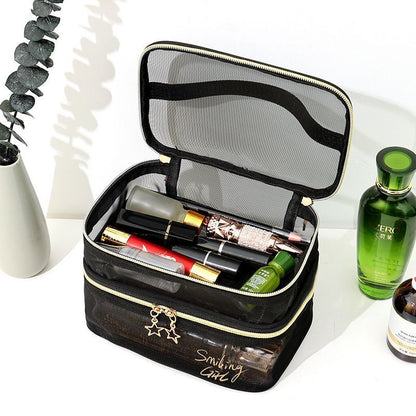 Double Layer Mesh Makeup Bag Cosmetic Organizer Transparent Travel Wash Case 1PC