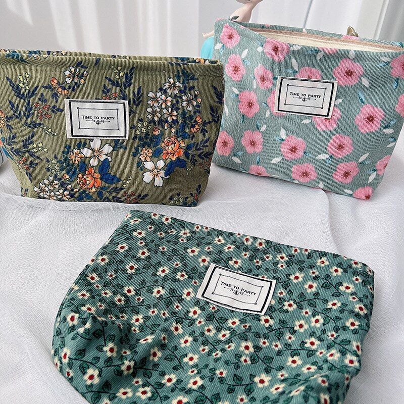 Flowers Print Cosmetic Bag Canvas Washing Bag Large Travel Make Up Storage Bags