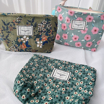 Flowers Print Cosmetic Bag Canvas Washing Bag Large Travel Make Up Storage Bags