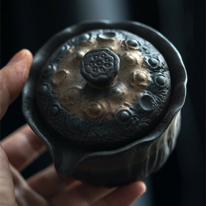 Zen style tea pot with lid lotus design crude pottery pot iron glaze ceramic pot