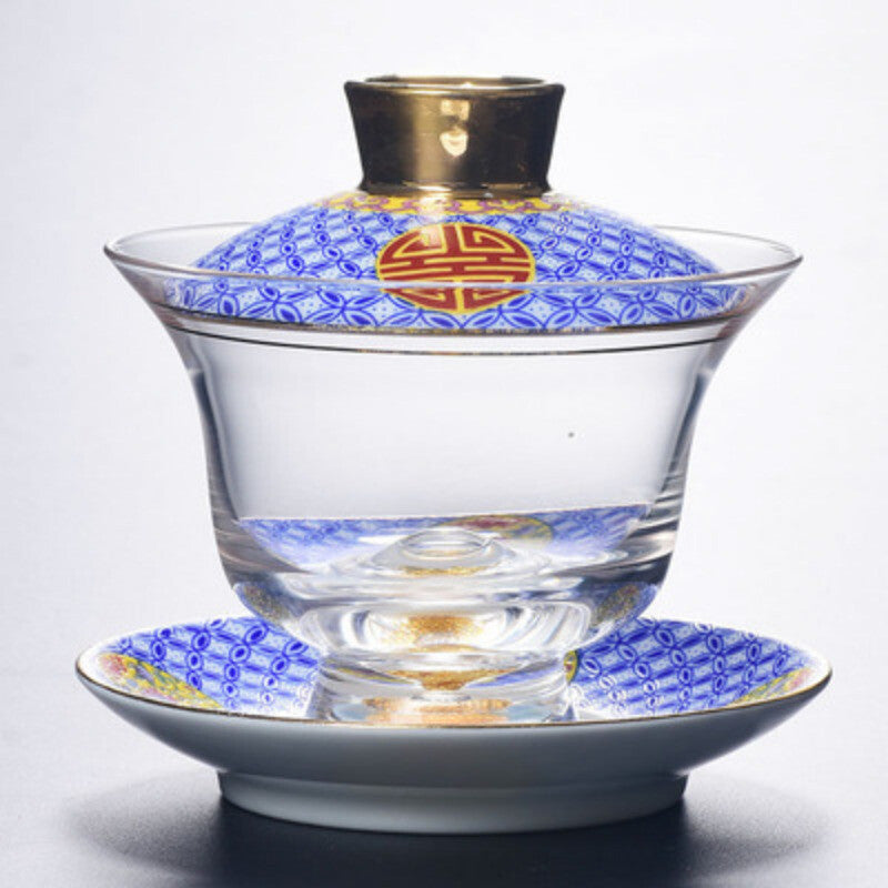 Tea Bowl Thickened Glass Tureen Tea Cover Bowl Lid Sancai Gaiwan Hand Painted
