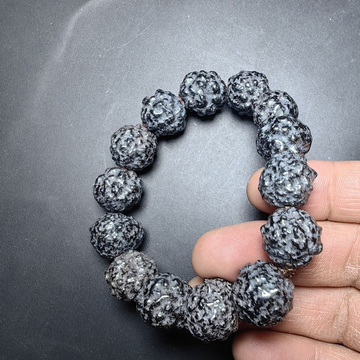 12mm Irregular Meteorite Black Glossy Bead Bracelet Unique Men's Accessory