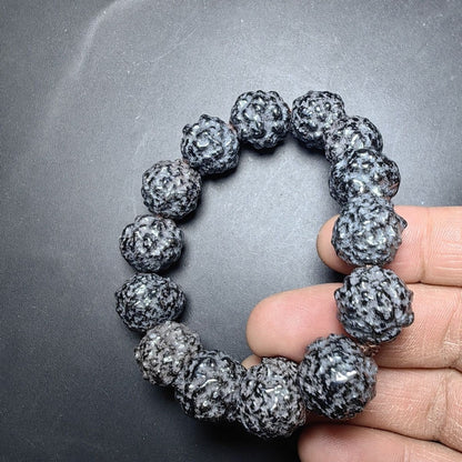 12mm Irregular Meteorite Black Glossy Bead Bracelet Unique Men's Accessory