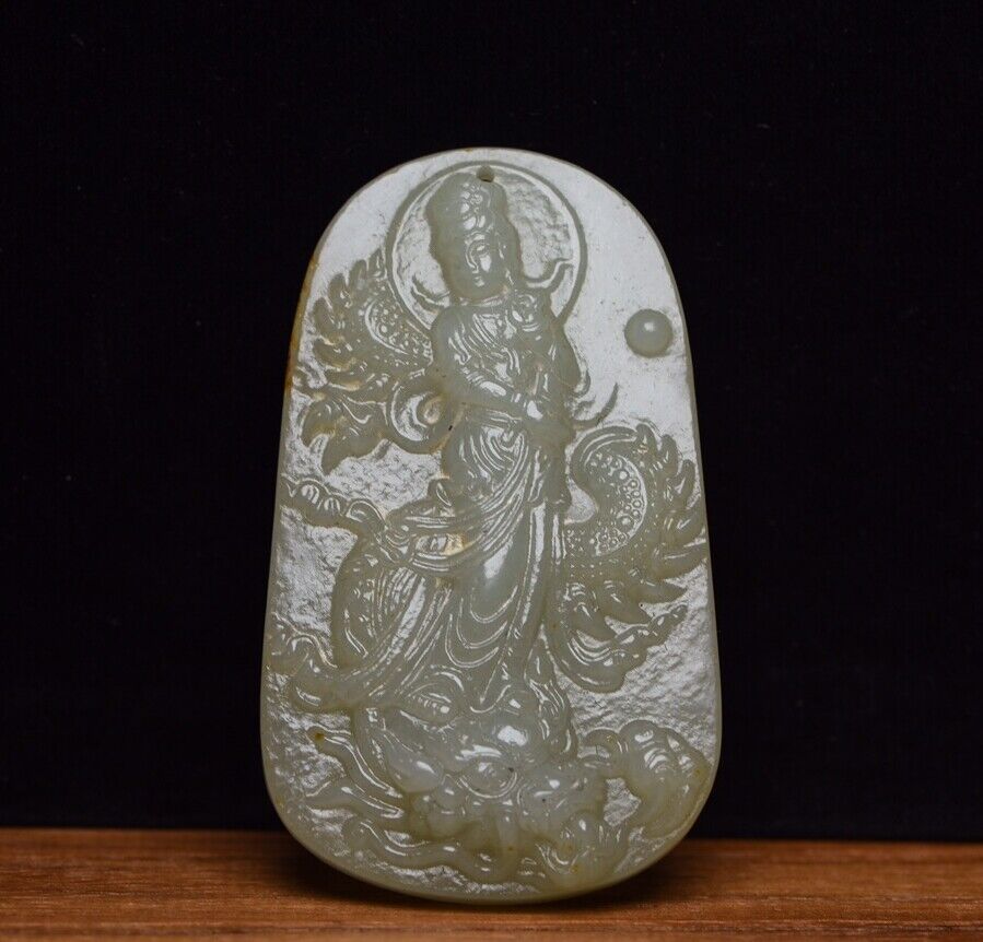 Chinese Top Natural Hetian Jade Carved Dragon Kuan Yin Statues Pendant Jewelry