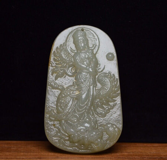 Chinese Top Natural Hetian Jade Carved Dragon Kuan Yin Statues Pendant Jewelry