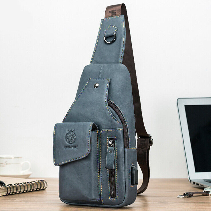 Men's Sling Backpack, 100% Genuine Leather Chest bag Crossbody Bag Shoulder Bag