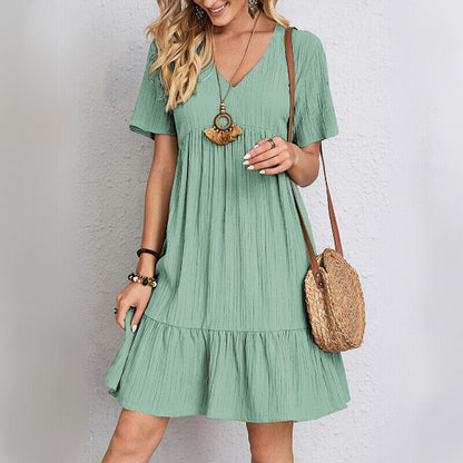Womens Short Sleeve V Neck Mini Dress Ladies Pleated Ruffle Baggy A-Line Dress