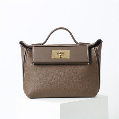 Small Real Leather Trapezoid Tote Handbag Flap Purse Shoulder bag Crossbody