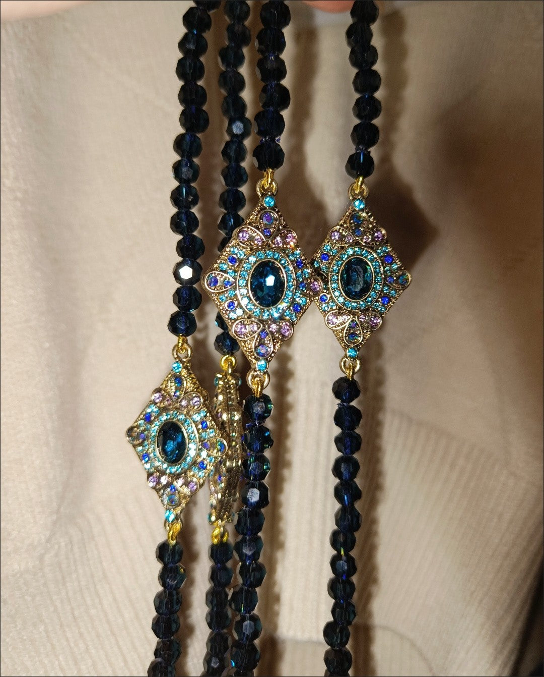 Vintage Multi Layer Black Bead Necklace Earrings Set Gold Plated Crystal