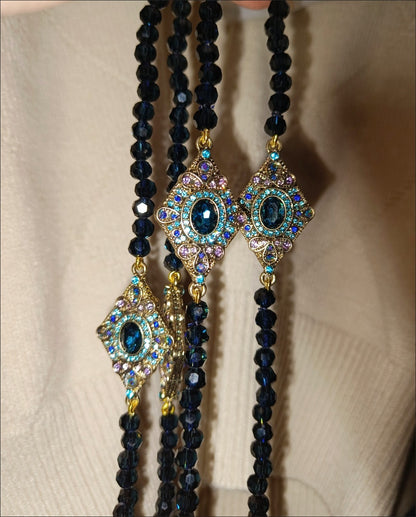 Vintage Multi Layer Black Bead Necklace Earrings Set Gold Plated Crystal