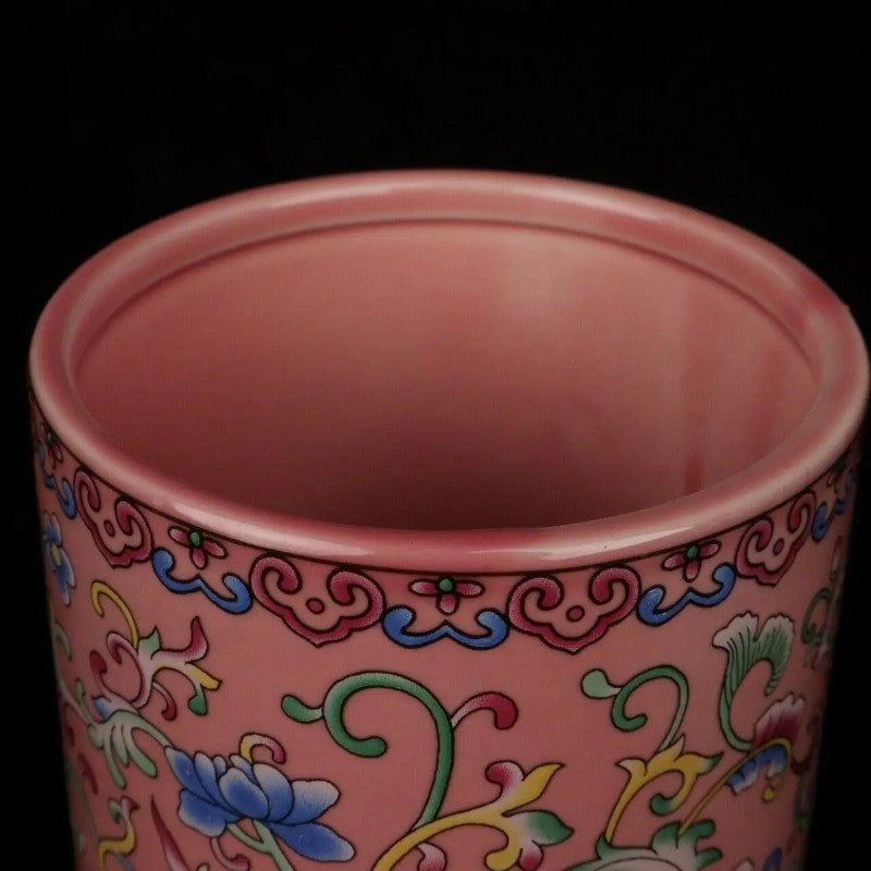 4.8" Chinese Famille Porcelain Colour Enamels Lotus Flower Brush Pot Pen Holder