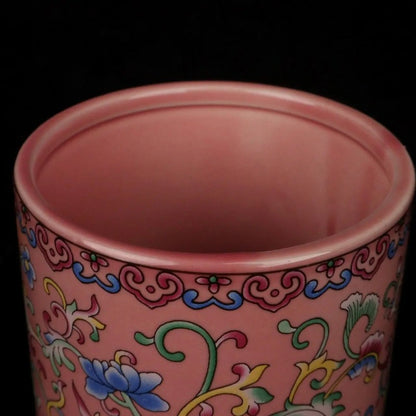 4.8" Chinese Famille Porcelain Colour Enamels Lotus Flower Brush Pot Pen Holder